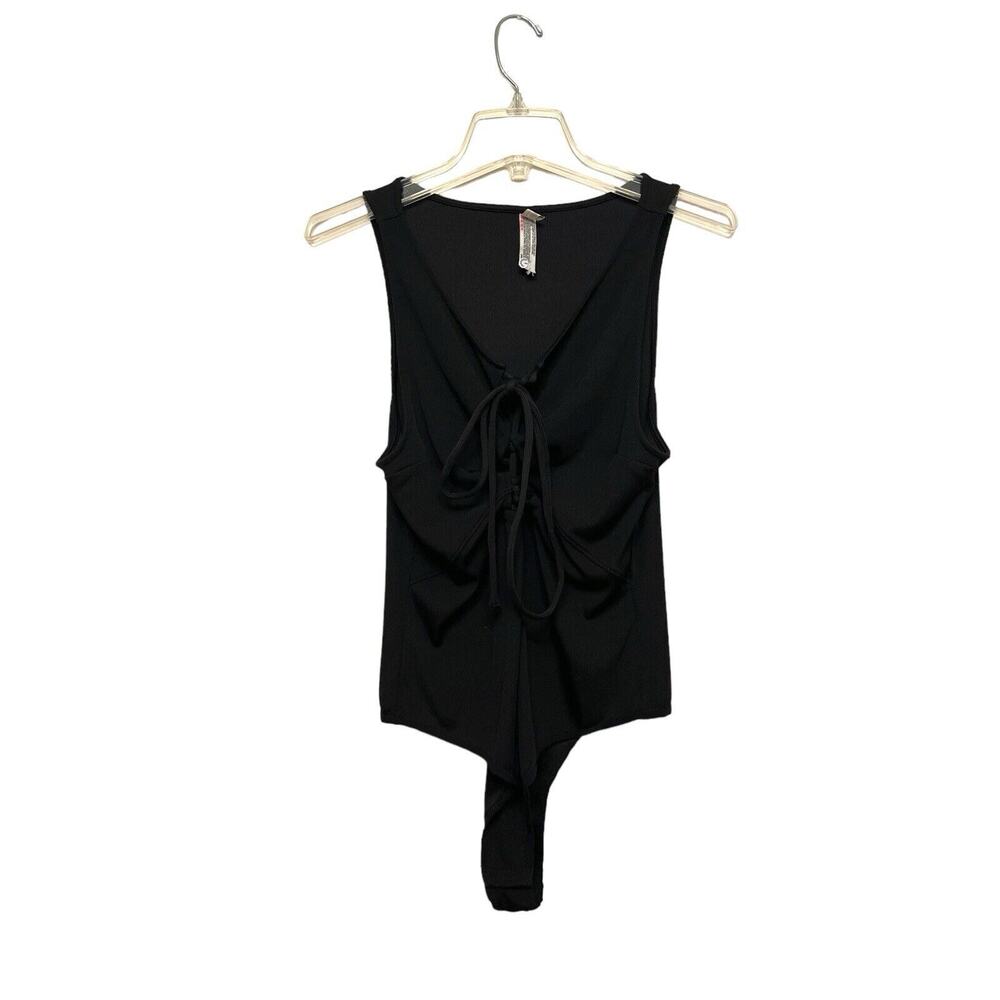 Intimately FP Free People Sleeveless Tie Front Bodysuit Size Large Black Ribbed